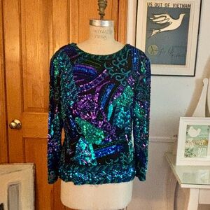 Vintage 1990’s BLACK TIE by OLEG CASSINI sequined/beaded silk blouse! Size XL!